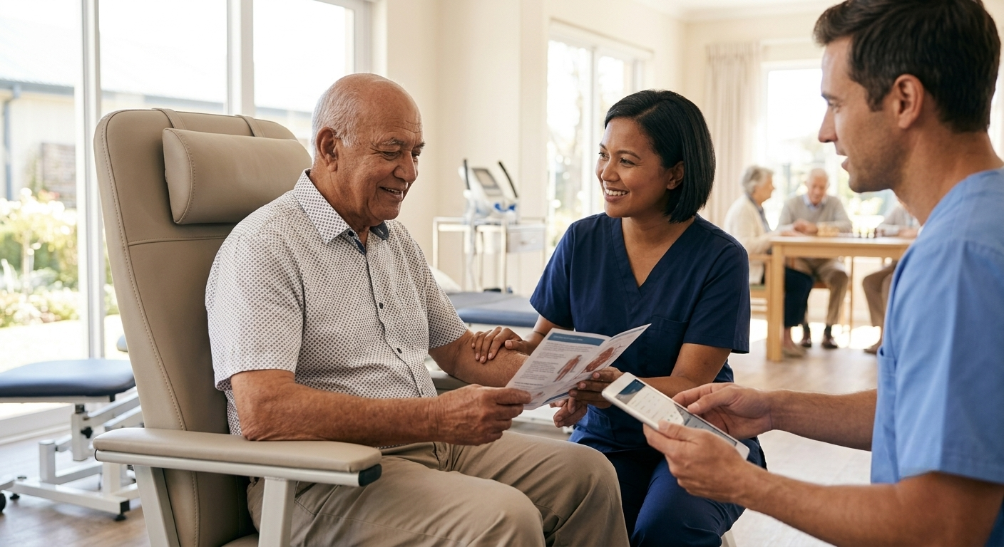 A resident and care team sharing a warm moment while reviewing a care brochure together