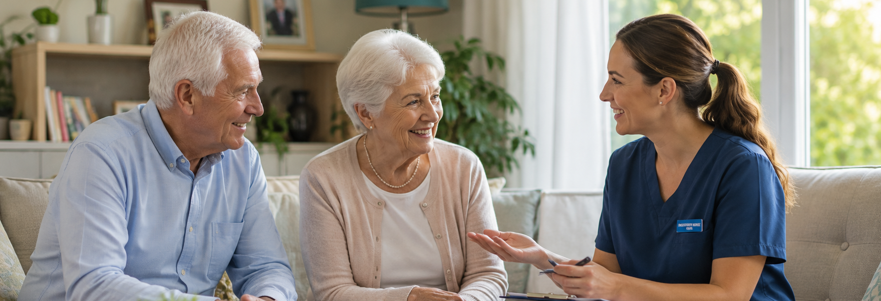 A SilverSprig care worker talking with an elderly couple in a comfortable home lounge