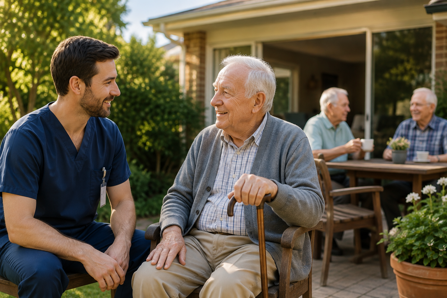 Carer and resident talking together in a sunny backyard garden