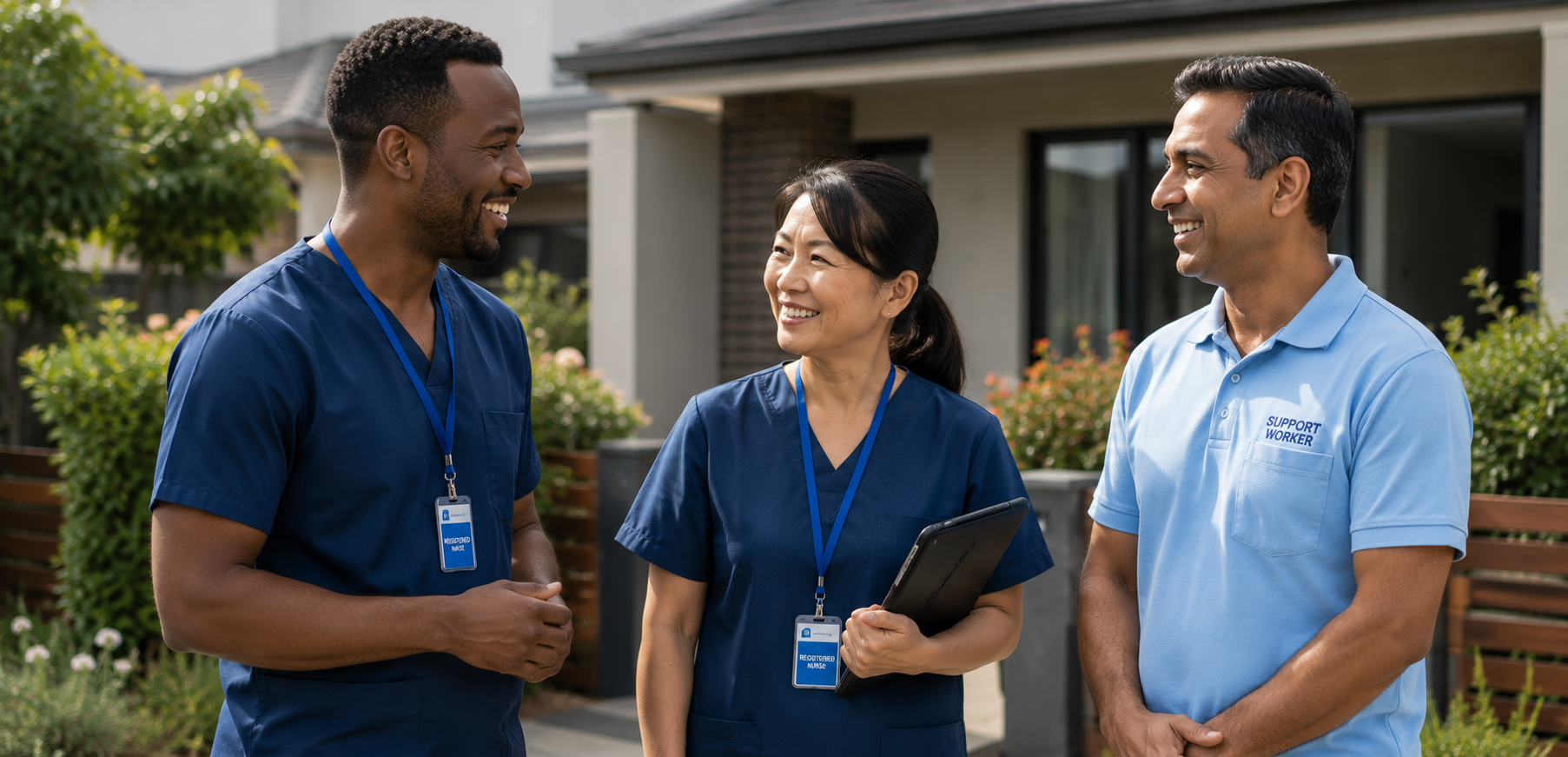 Three smiling SilverSprig care team members talking together outside a modern home
