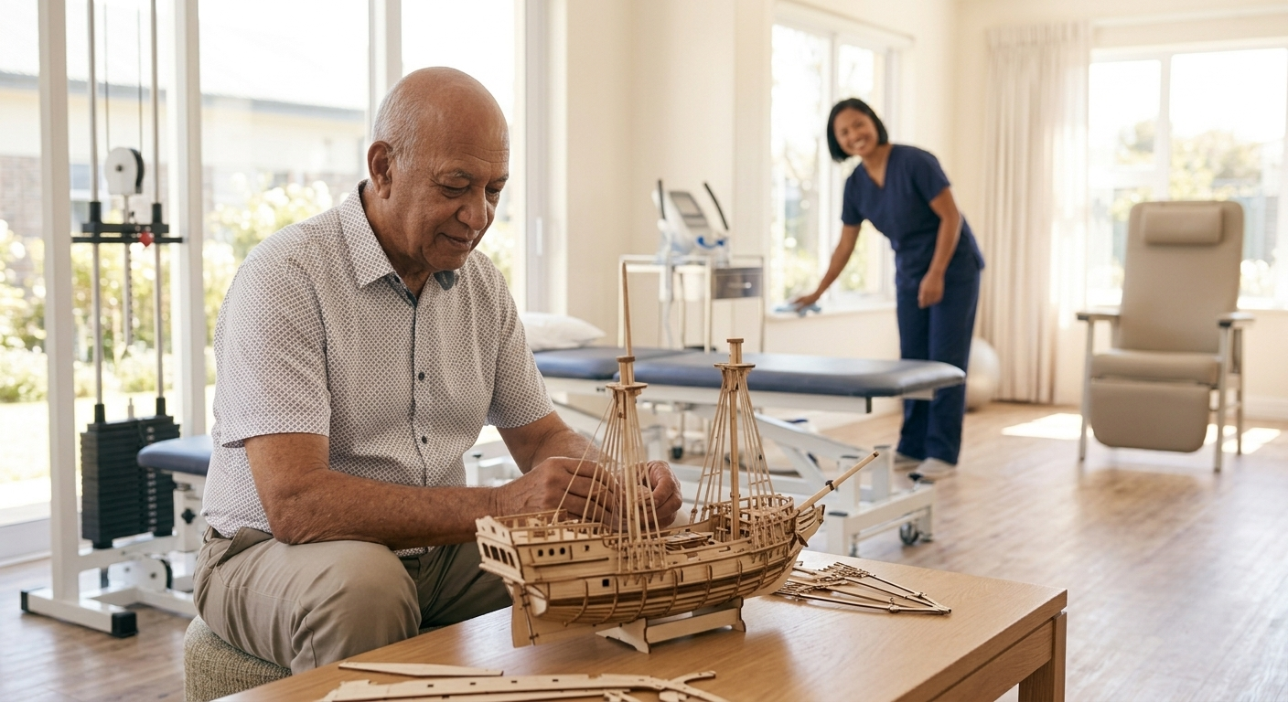 Older man building a model ship while a carer tidies the room behind him