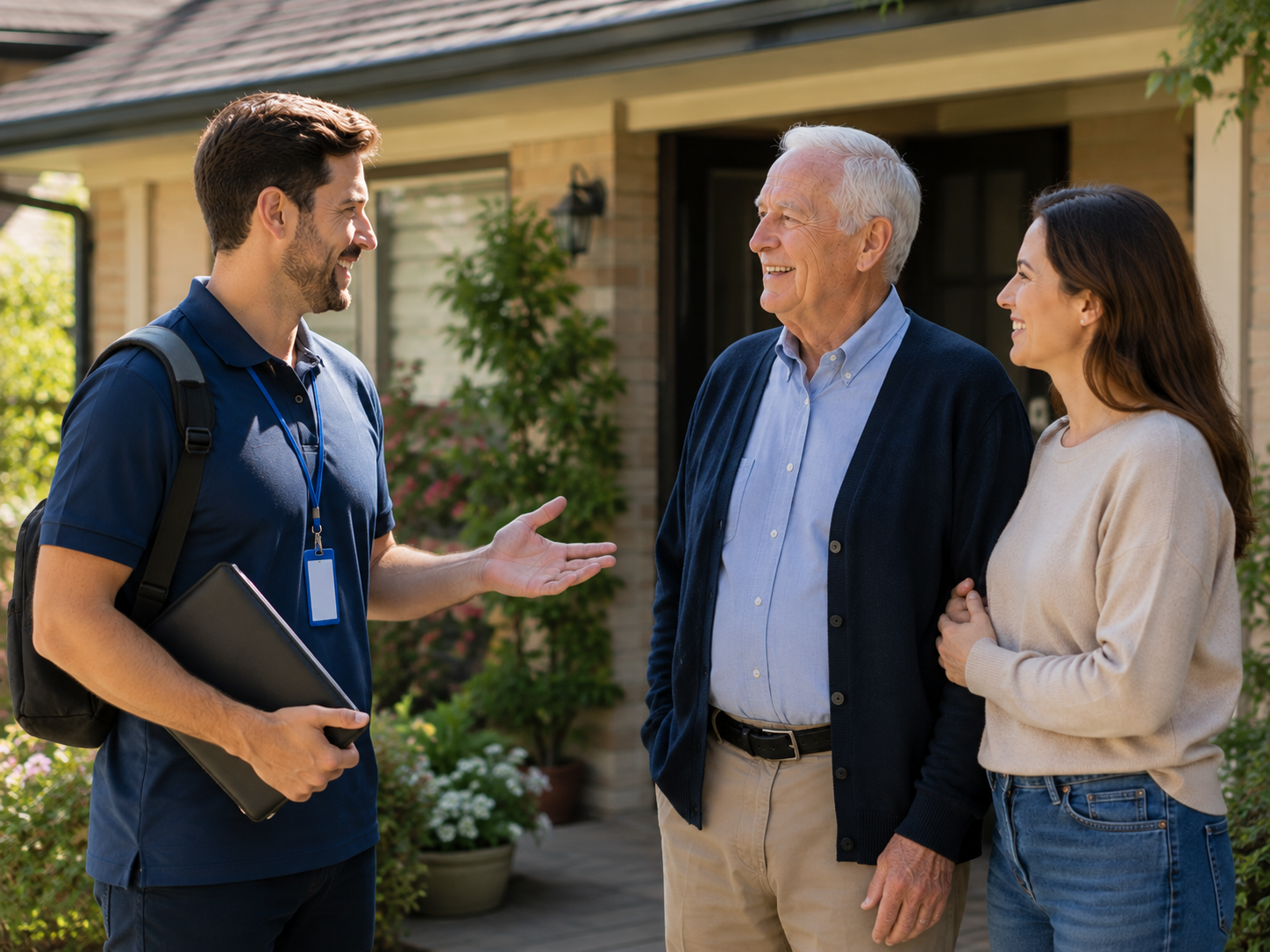 A SilverSprig team member greeting an older couple at their front door