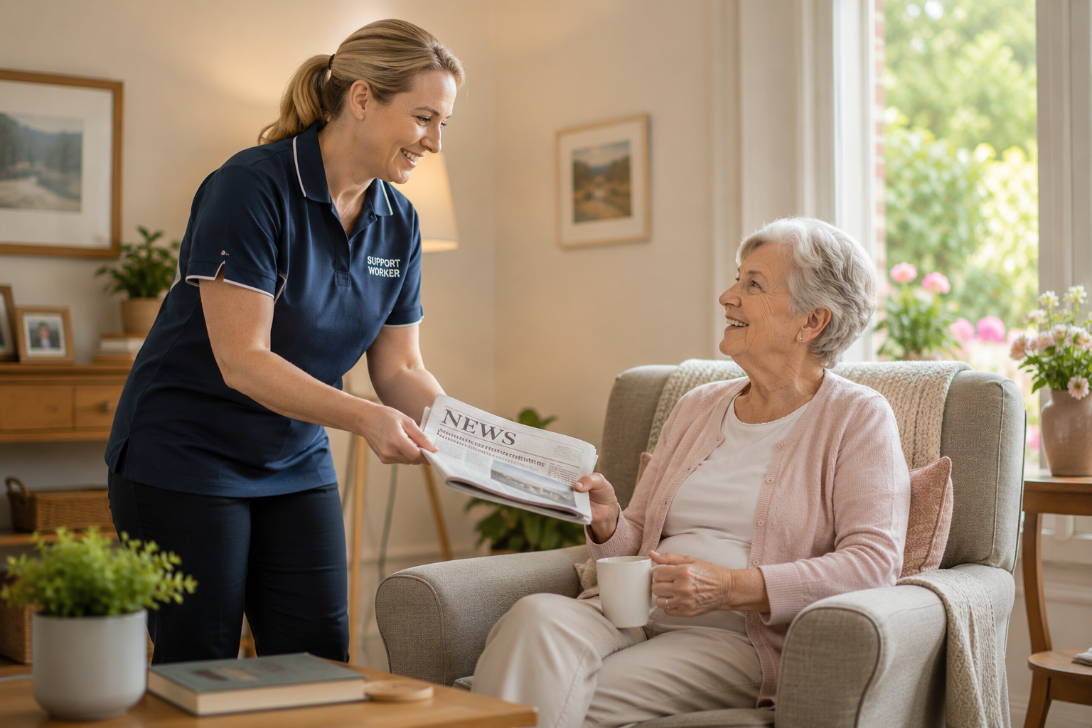 A SilverSprig support worker sharing a newspaper with a resident in a bright home lounge