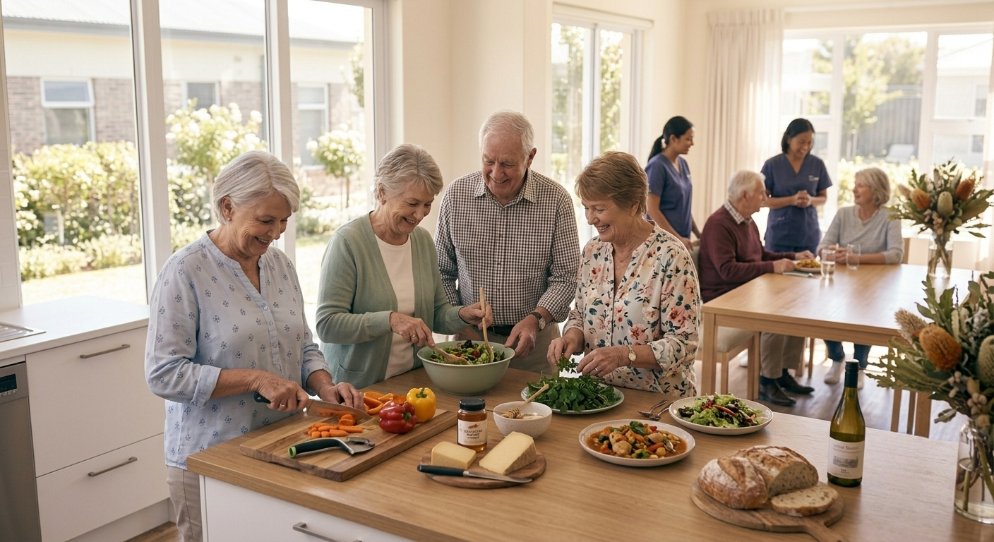 Seniors and caregivers preparing fresh food together in a bright kitchen